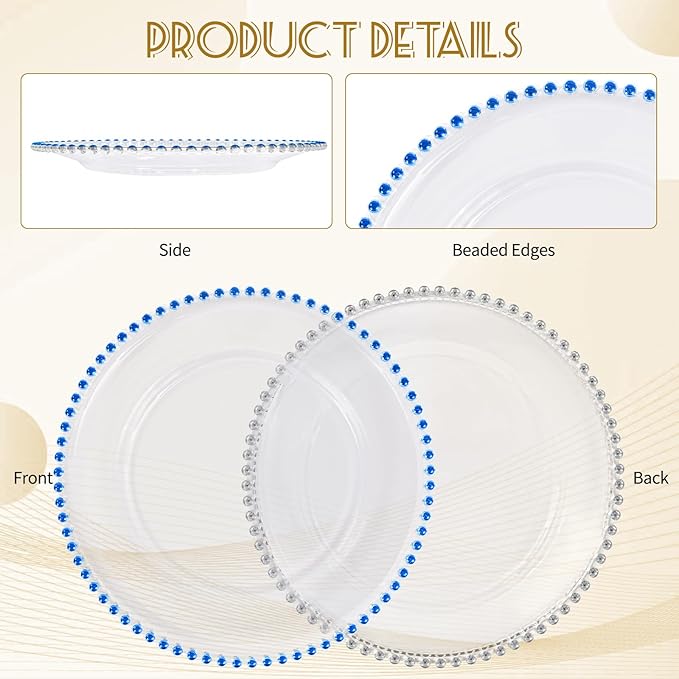 24 PCS Clear Round Charger Plates with Beaded Rim, 13 Inch Plastic Acrylic Plate, Plastic Round Beaded Dinner Decorative Service Plates for Wedding Party Event, Home Kitchen Tabletop(Royal Blue)