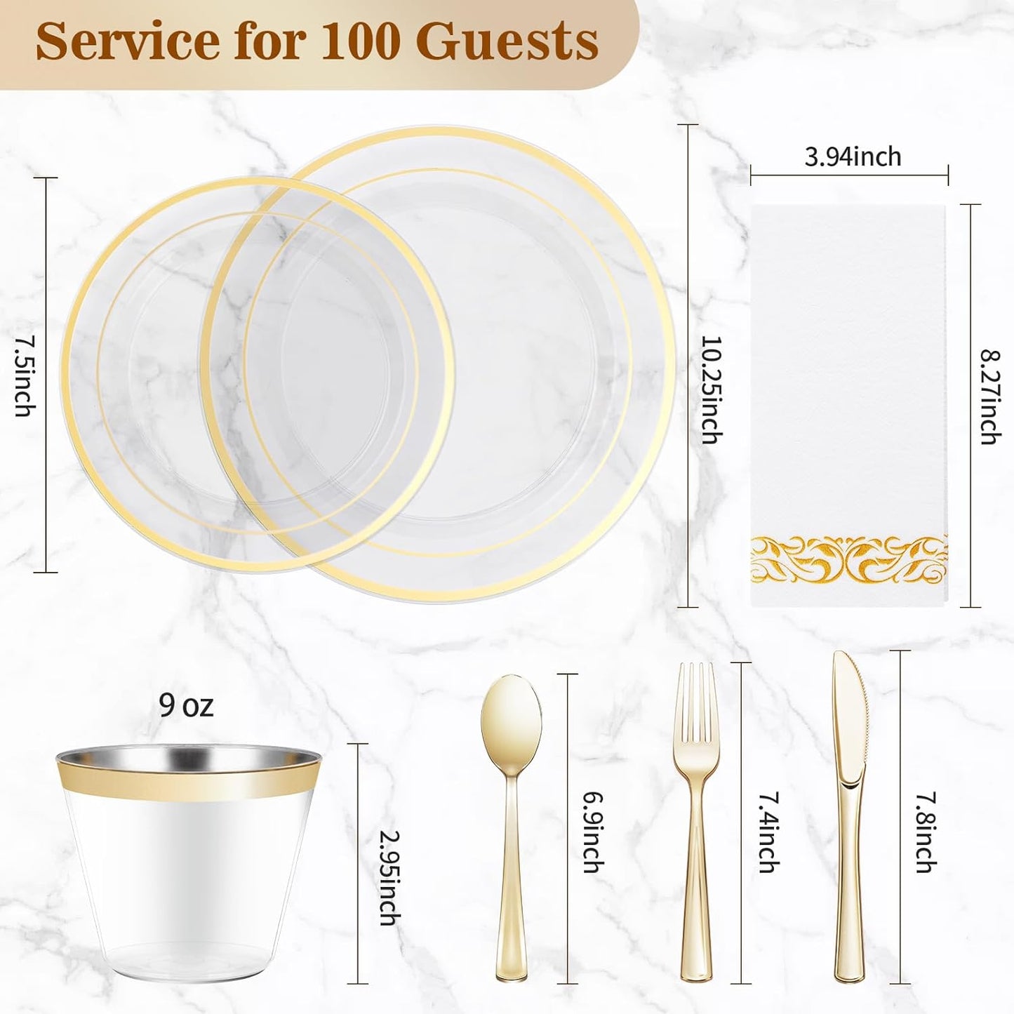 BESTVIP 700PCS Clear Gold Disposable Dinnerware Set for 100 Guests, Plastic Plates for Party, Wedding, Christmas, Halloween, Include: 200 Plastic Plates, 100 Gold Silverware, 100 Cups, 100 Napkins
