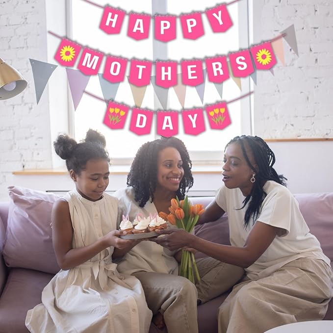 Happy Mother's Day Banner Set Decoration for Mother's Day Party Decorations Backdrop Garland for Mom Mother's Day Glitter Garland Photo Props (Pink Yellow Sunflower)
