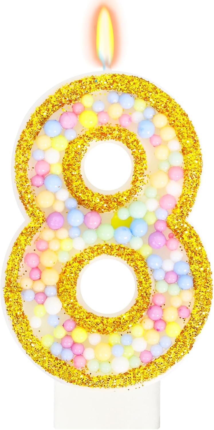 8th Birthday Candle for Cake, Colorful Macaron Numeral Candles for Girls/Boys, Birthday Party Cake Decorations, Golden Cake Topper for Birthday Party Supplies (Number 8)