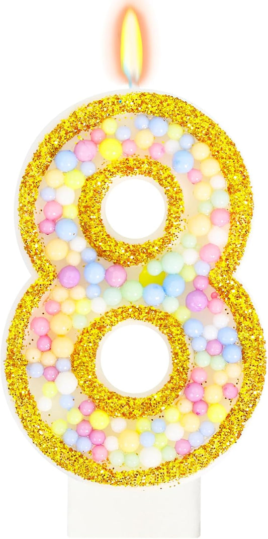 8th Birthday Candle for Cake, Colorful Macaron Numeral Candles for Girls/Boys, Birthday Party Cake Decorations, Golden Cake Topper for Birthday Party Supplies (Number 8)