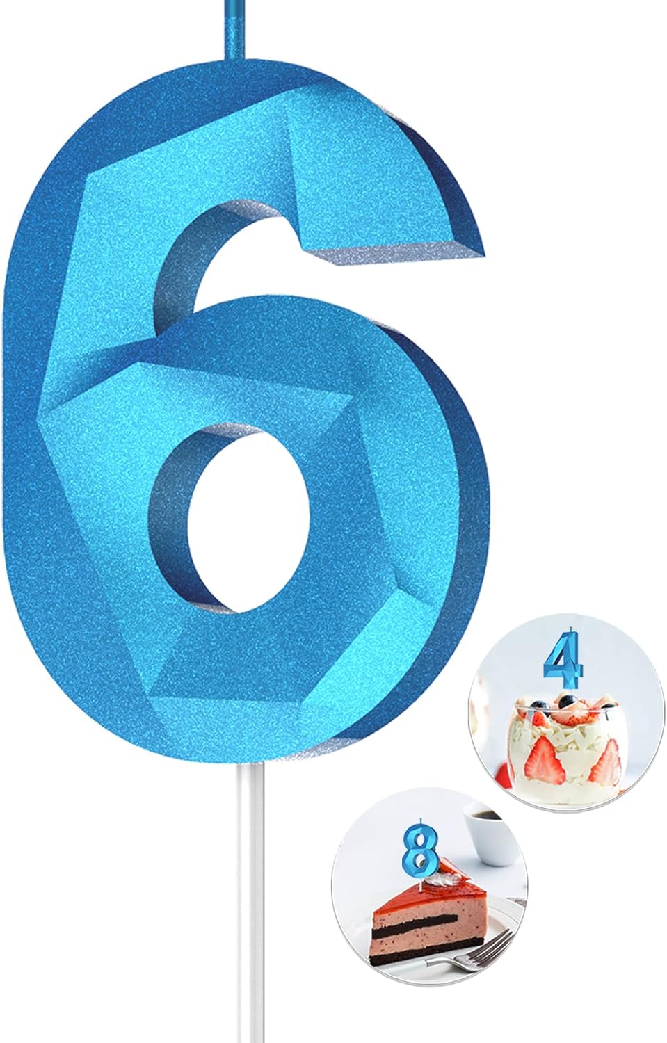 Number Birthday Candles(6 Candle Blue) 3D Diamond Shape Number Happy Birthday Cake Candles for Birthday Party Wedding Decoration Reunions Theme Party