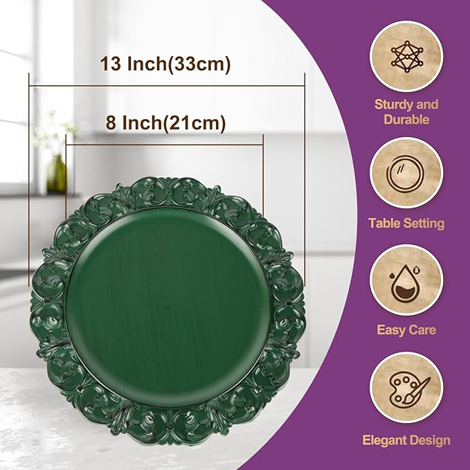 Gifturbo 6 Pcs Green Charger Plates, 13 Inch Round Chargers for Dinner Plates with Vintage Embossed Rim, Antique Plastic Plate Chargers for Christmas Party, Table Setting, Wedding