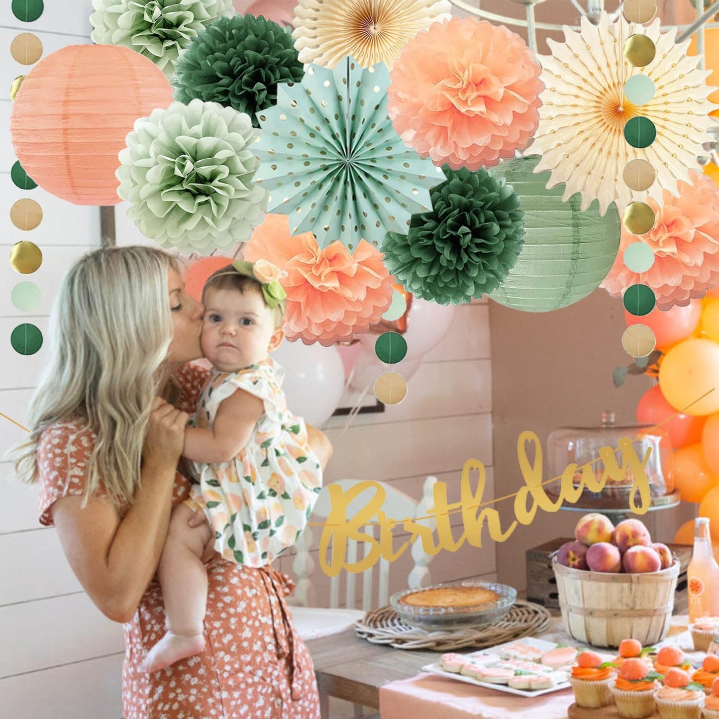 Sage Green and Peach Birthday Decorations - Olive Peach Tissue Paper Pom Poms, Hanging Paper Fans & Lantern, Gold Happy Birthday Banner for Olive Sage Green Peach Bday Baby Shower Decorations