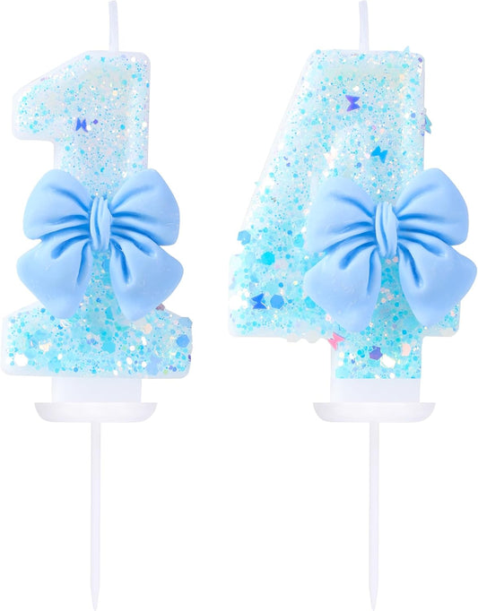 14th Birthday Candles Blue Bow Number 14 Cake Candles, 14 Cake Topper Decorations for Kids Pets Pastel Birthday Party Supplies (Number 14)