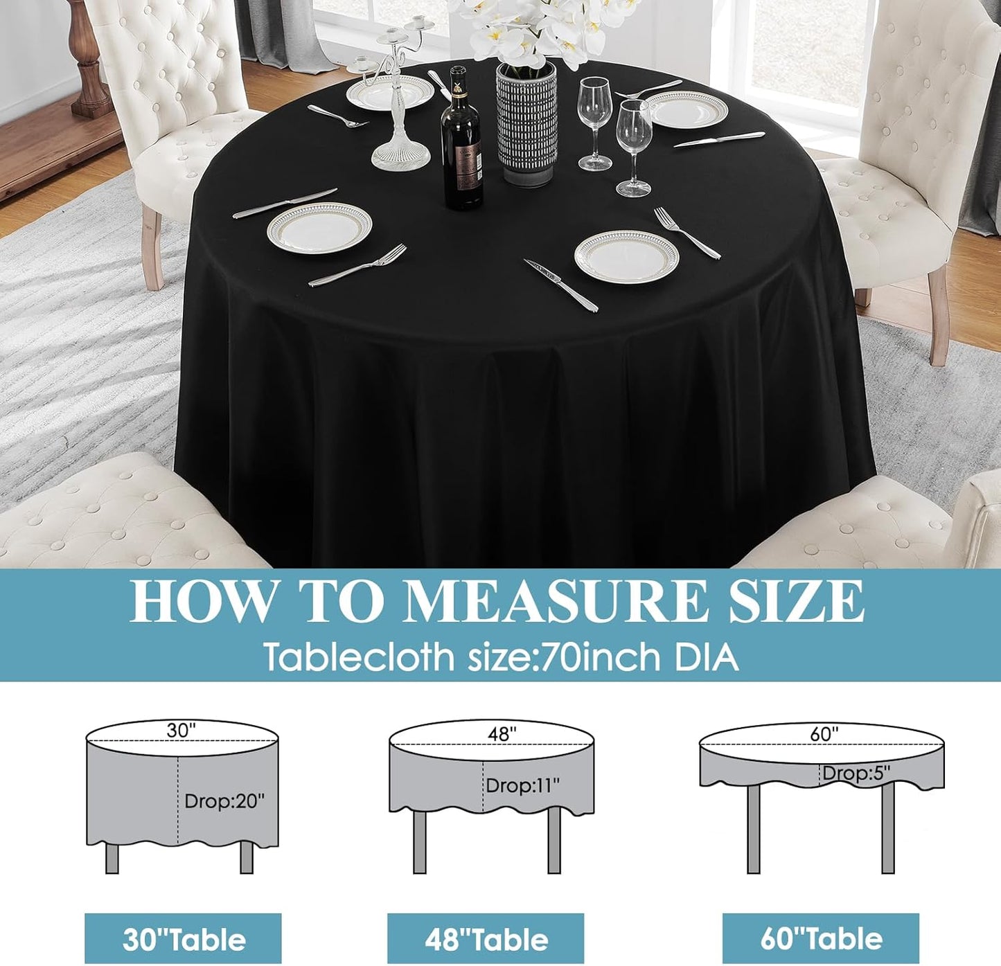 VidaFete 70inch Round Tablecloth Polyester Table Cloth，Stain Resistant and Wrinkle Polyester Dining Table Cover for Kitchen Dinning Party Wedding Rectangular Tabletop Buffet Decoration(Black)