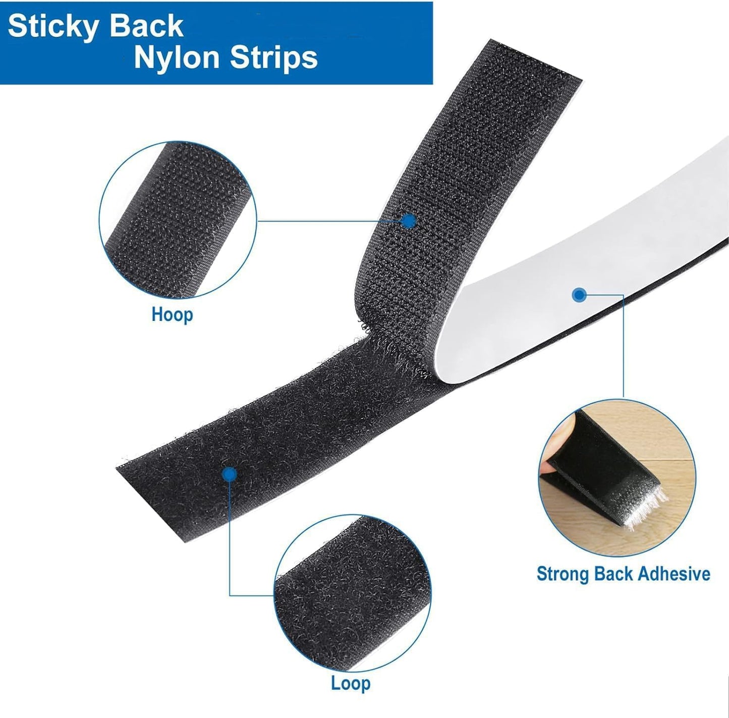 1 Inch x 28 Ft Strips with Adhesive, Nylon Self Adhesive Heavy Duty Strips, Double Sided Sticky Back Fastener Roll Tape for Home Office School Car and Crafting Organization Black