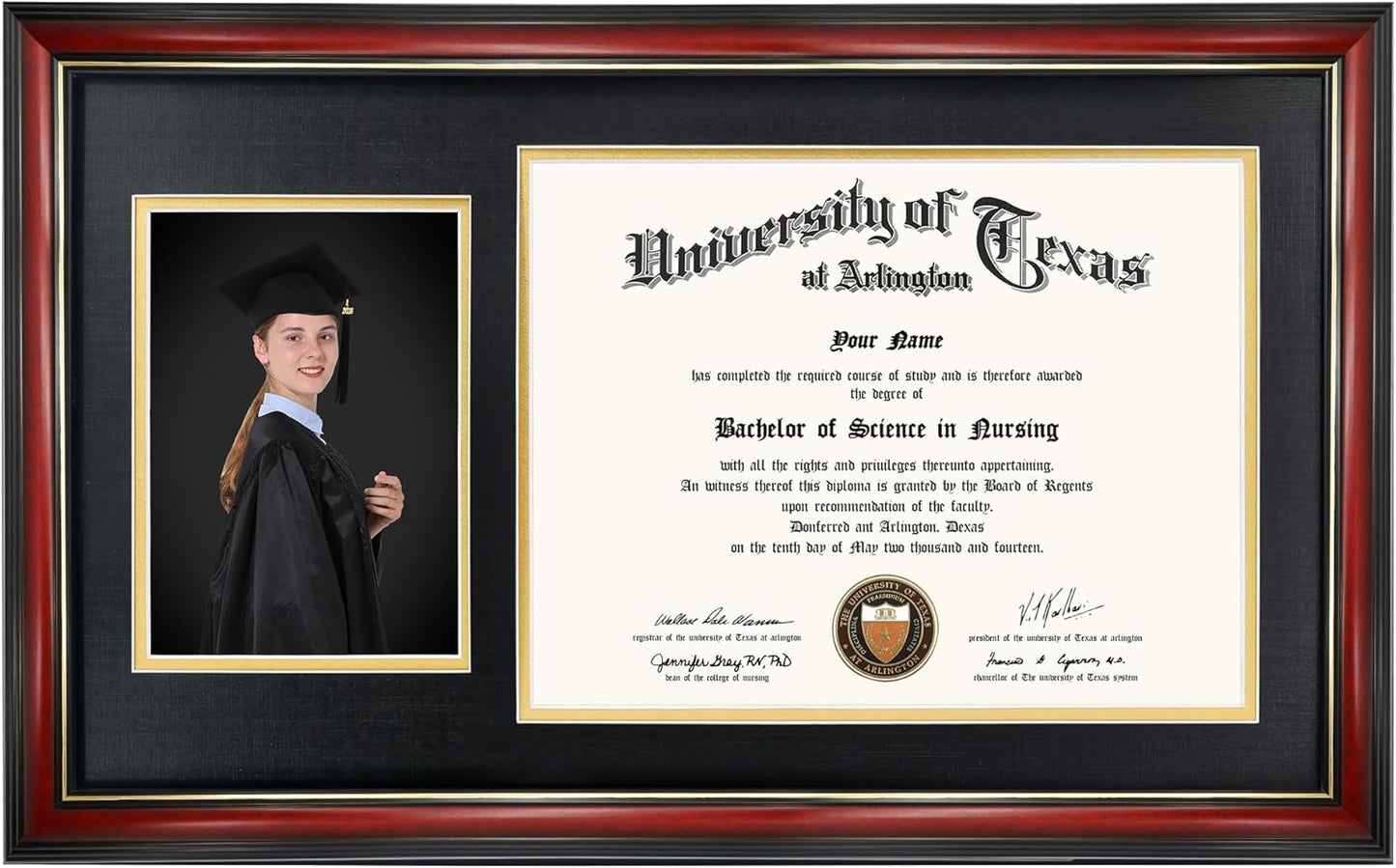GraduationMall 11x19 Cherry Diploma and Photo Frame for 8.5x11 Certificate,5x7 Picture,Tempered Glass,Black over Gold Double Mat