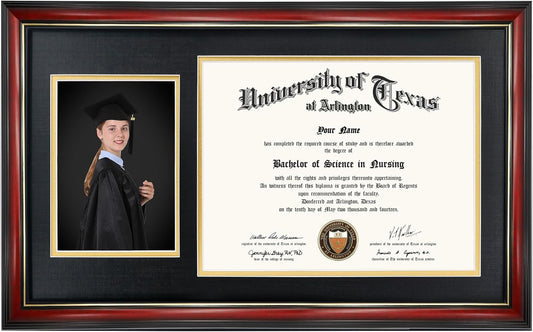 GraduationMall 11x19 Cherry Diploma and Photo Frame for 8.5x11 Certificate,5x7 Picture,Tempered Glass,Black over Gold Double Mat