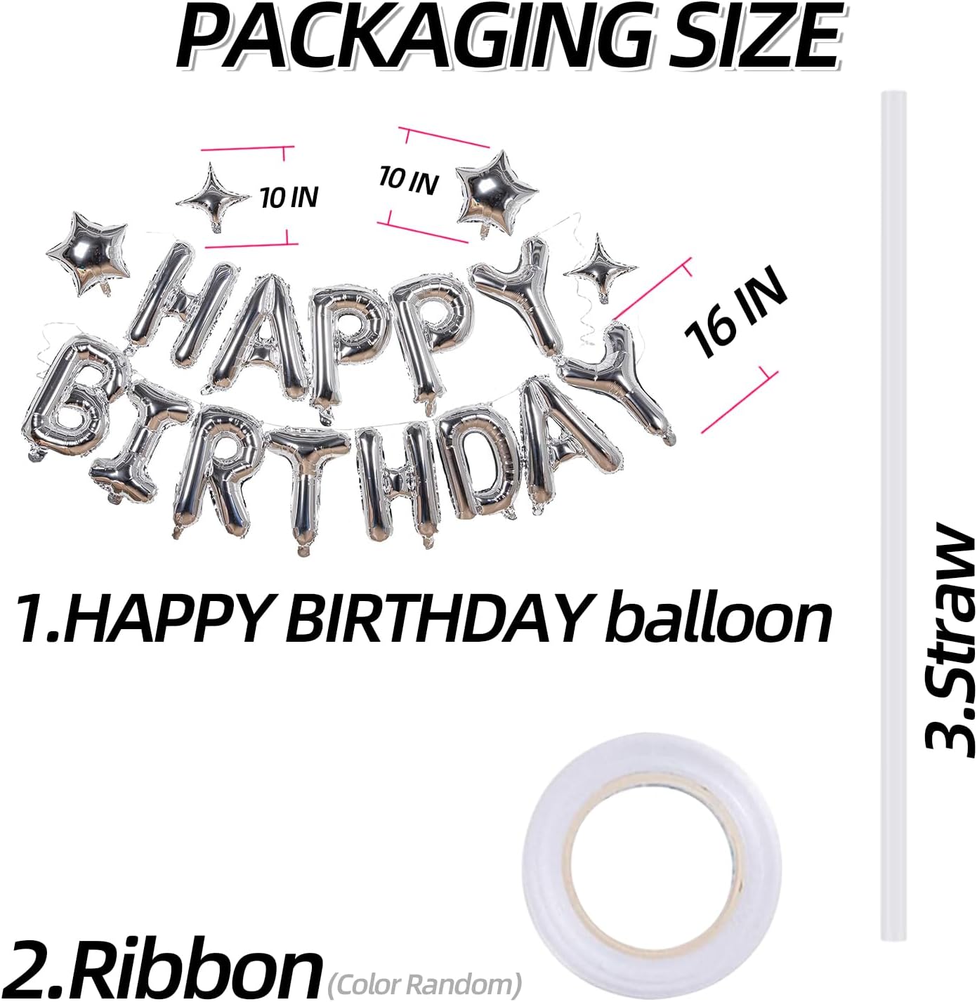 Silver Happy Birthday Banner Balloon Aluminum Foil 16 Inch Letter,10 Inch Five Pointed Star Four Pointed Star Suitable for Kids, Men, Women, Boys and Girls Party Decoration Supplies