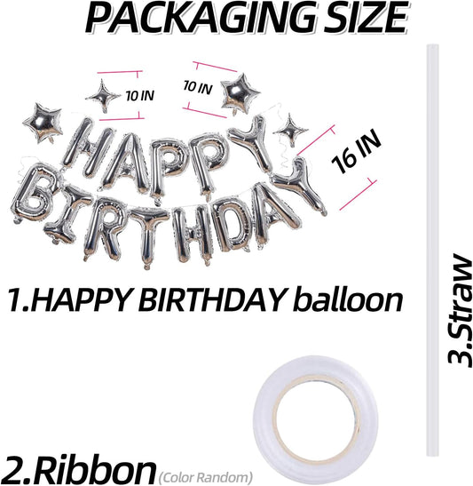 Silver Happy Birthday Banner Balloon Aluminum Foil 16 Inch Letter,10 Inch Five Pointed Star Four Pointed Star Suitable for Kids, Men, Women, Boys and Girls Party Decoration Supplies