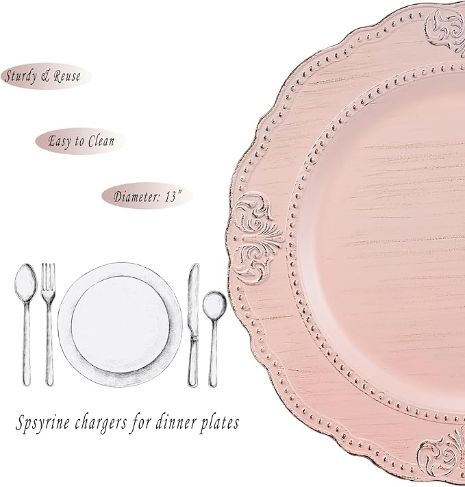 Spsyrine Antique Pink Charger Plates Set of 6, 13" Embossed Chargers for Dinner Plates, Wedding, Party