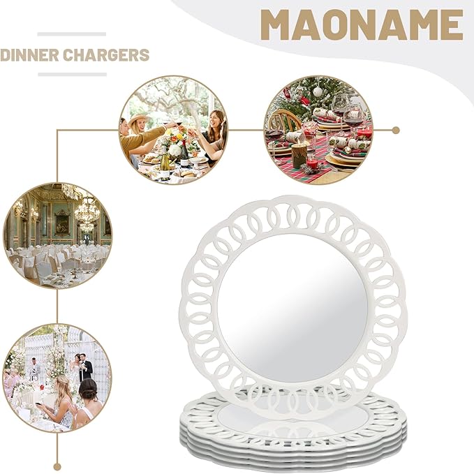 MAONAME 13" White Charger Plates, Plastic Plate Charger with Circle Winding Rim, Round Chargers for Dinner Plates, Mirror Chargers for Table Setting, Wedding, Set of 6