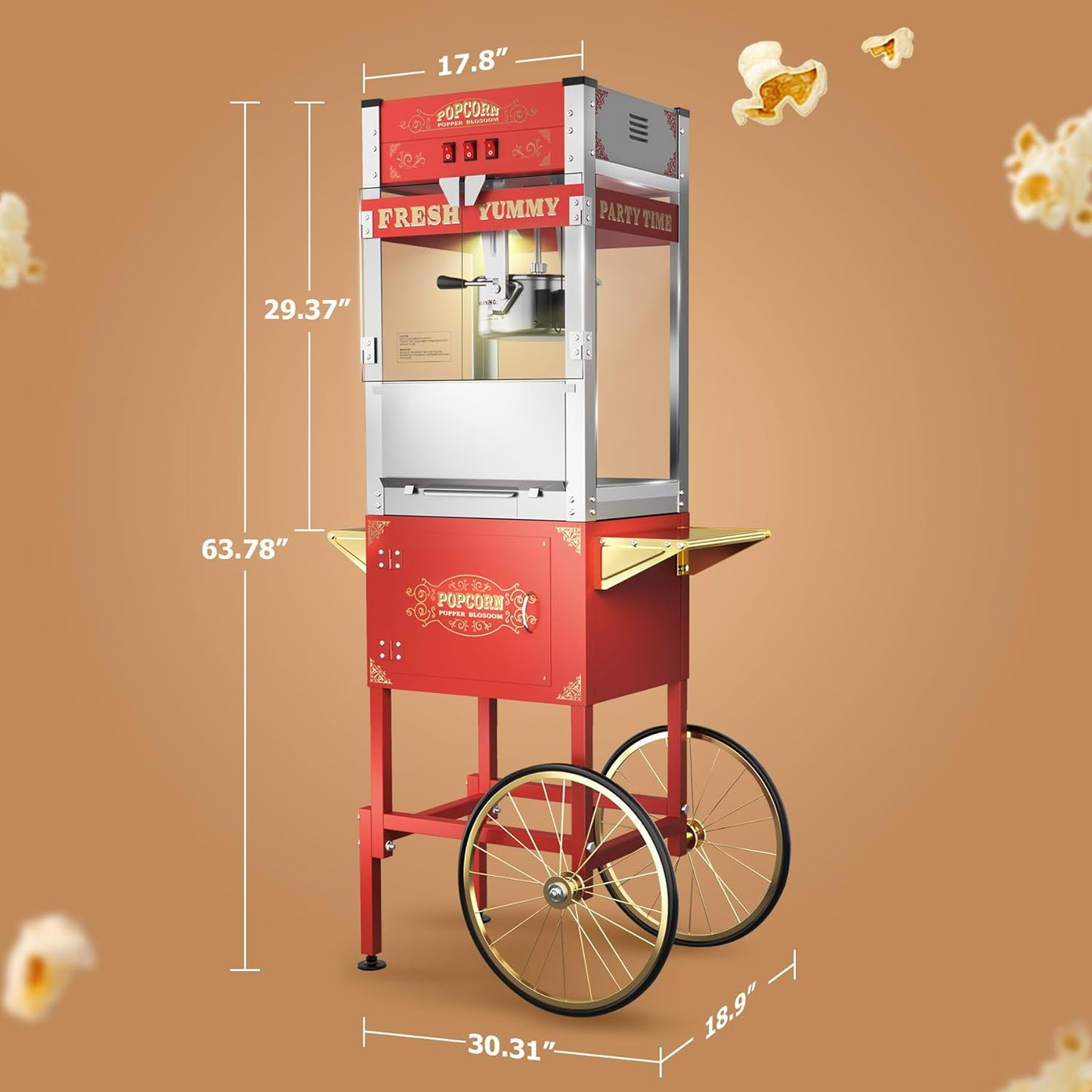 2025 Upgraded 20 oz Popcorn Machine with Cart, Popcorn Maker Machine Makes Up to 80 Cups, Movie Theater Pop Corn Machine with Stainless-Steel Kettle & 3-Switch Control & Tempered Glass Doors, Red
