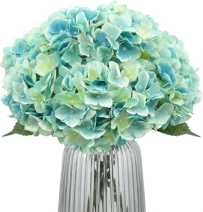 2Bouquets Artificial Fake Flowers Plants Silk Hydrangea Arrangements Wedding Bouquets Decorations Plastic Floral Home Kitchen Garden Party Festival Bar DIY (Light Blue,5 Flower Heads)