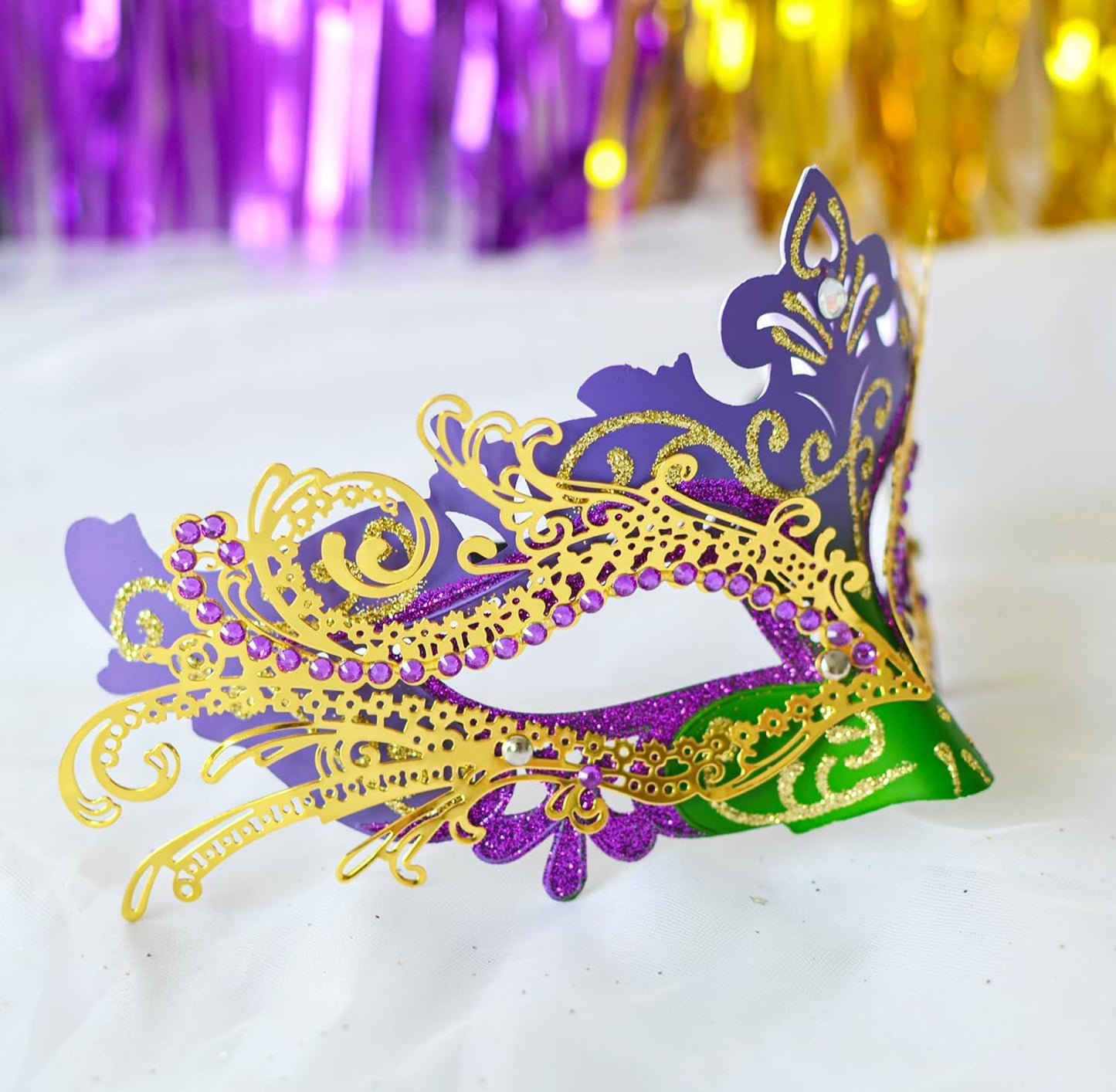 2025 Masquerade Masks for Couples, Shiny Rhinestone Metal Filigree Venetian Mask & Mens Venetian Mask for Mardi Gras