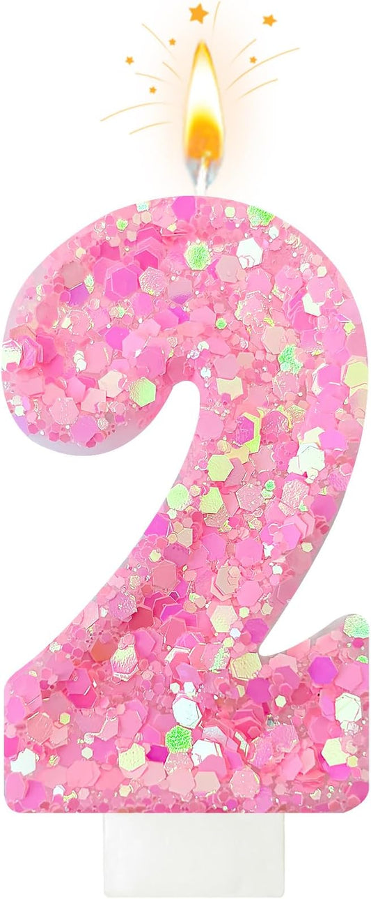 Zailo Birthday Number Candles, Glitter Number Candle Cake Decorations with Sequins, Cupcake Decorations for Girls, Women, Party Anniversary Celebrations (Number 2, Light Pink)