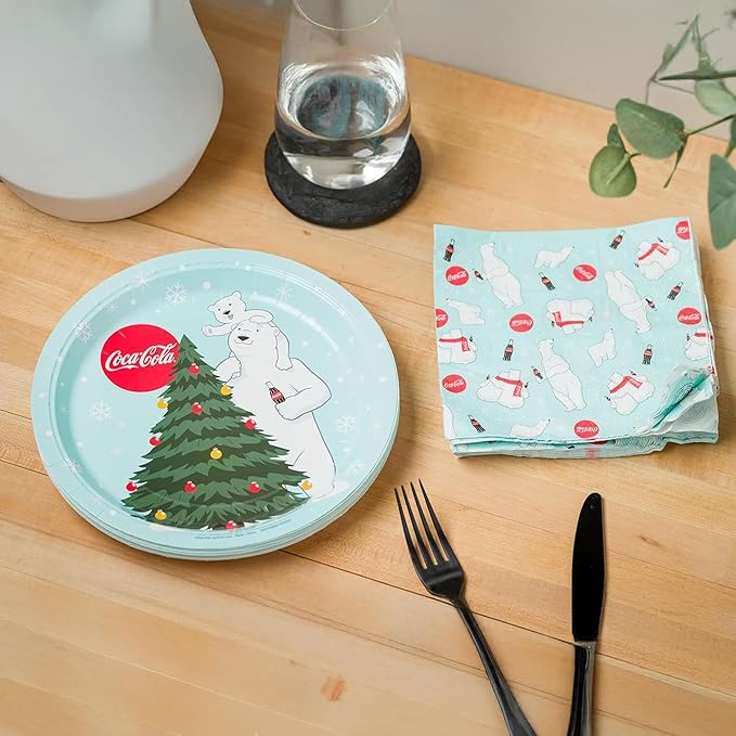 Silver Buffalo Coca-Cola Polar Bears Christmas Tree 32 Pack Partyware Disposable Paper Plates and Napkins