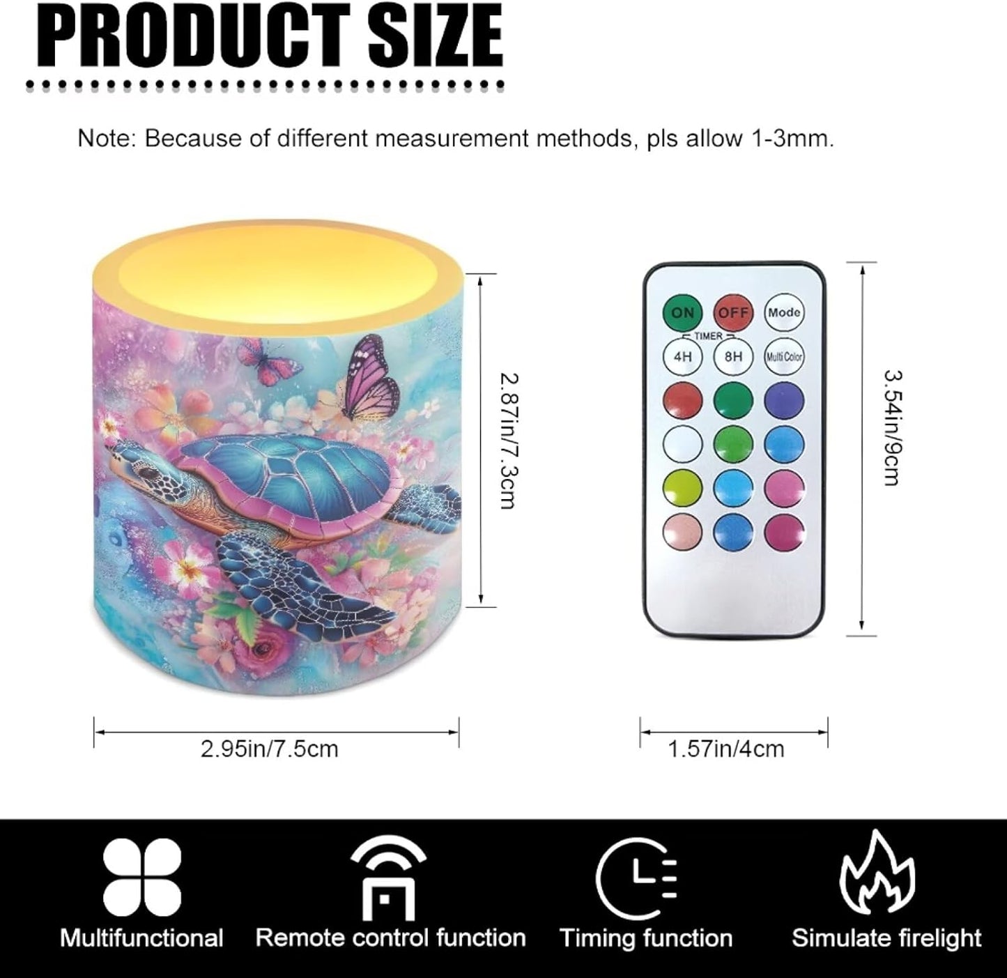 Poceacles Flameless LED Candles Set of 4 Battery Operated Candles with Remote and Timer, Realistic Flickering Tealights for Indoor Outdoor Decor, Sea Turtle Butterfly Flower Marble Violet Blue
