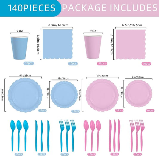 140 Pcs Baby Gender Reveal Plates and Napkins, 20 Guest Boy or Girl Gender Reveal Party Supplies Include Light Pink and Light Blue Plates Napkin Cup Plastic Spoon Fork Knive for Baby Shower
