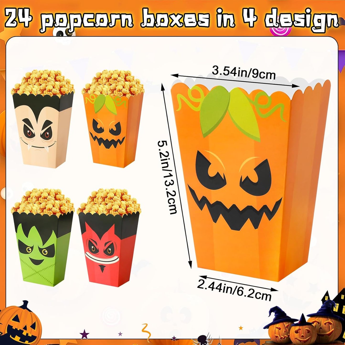 DECYOOL 24 Pcs Halloween Popcorn Boxes, 4 Designs Mini Halloween Popcorn Bags for Snacks Candy Cookies Party Favors