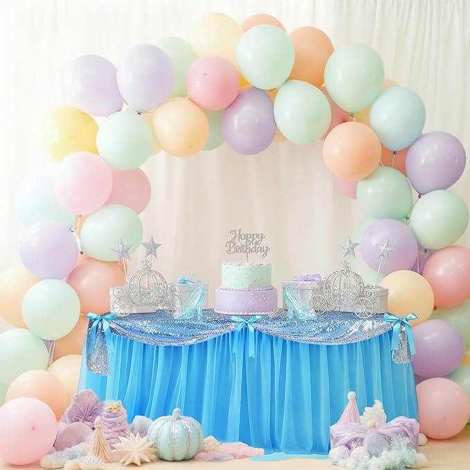 5 Pcs Princess Gray Party Tablecloth Blue and Silver Sequin Tulle Table Skirt 30 x 108 Inch Gray Princess Tables Cover for Birthday Party Decor Supplies(Bow, Silver)