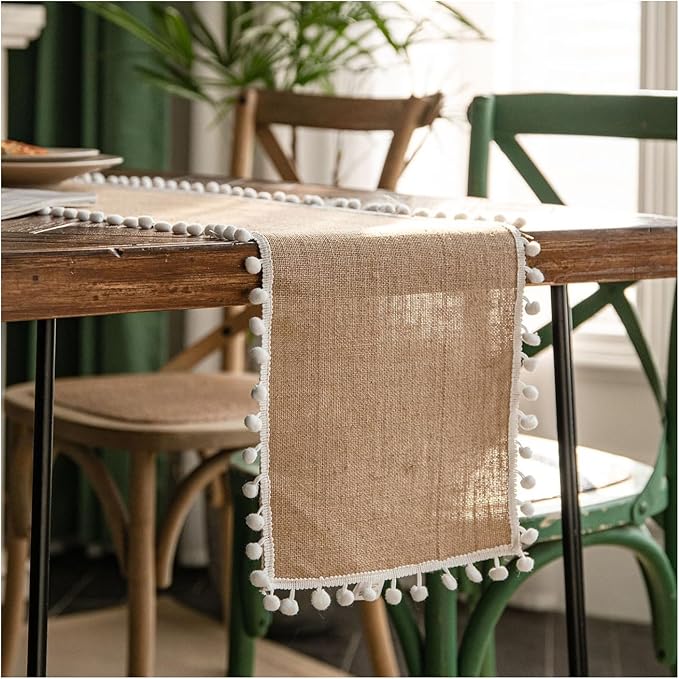 Natural Jute Table Runner, Burlap Style Table Runner, Rustic Farmhouse Table Runner Country Vintage for Wedding, Party Table Decorations, Boho Décor Jute White Balls 12x79 inch TAB28