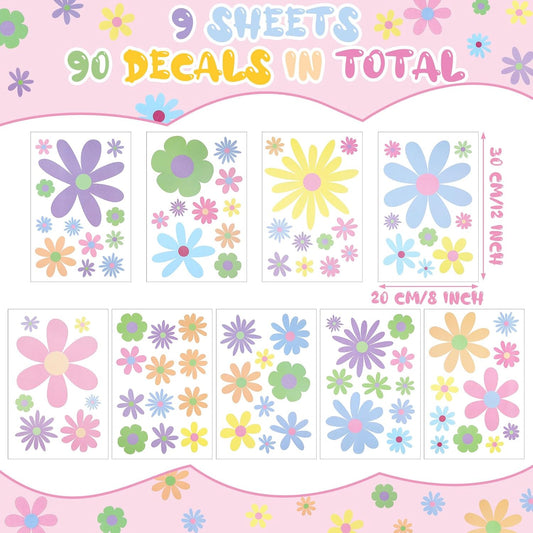 Kisston 90 Pcs Daisy Wall Decal Alphabet Vinyl Wall Decals Boho Decal Daisy Stickers Boho Groovy Floral Stickers for Nursery Art Bedroom Classroom(Pastel)