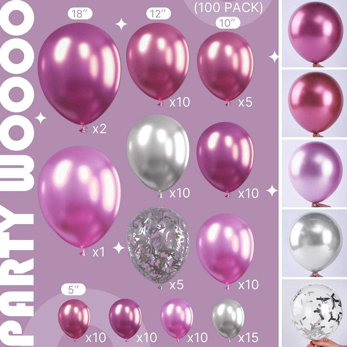 PartyWoo Pink Balloon Arch Kit Garland 100 pcs Different Sizes of 18 12 10 5 Inch Metallic Light Pink Magenta Silver Latex Balloons for Wedding Engagement Baby Shower Birthday Party Decorations