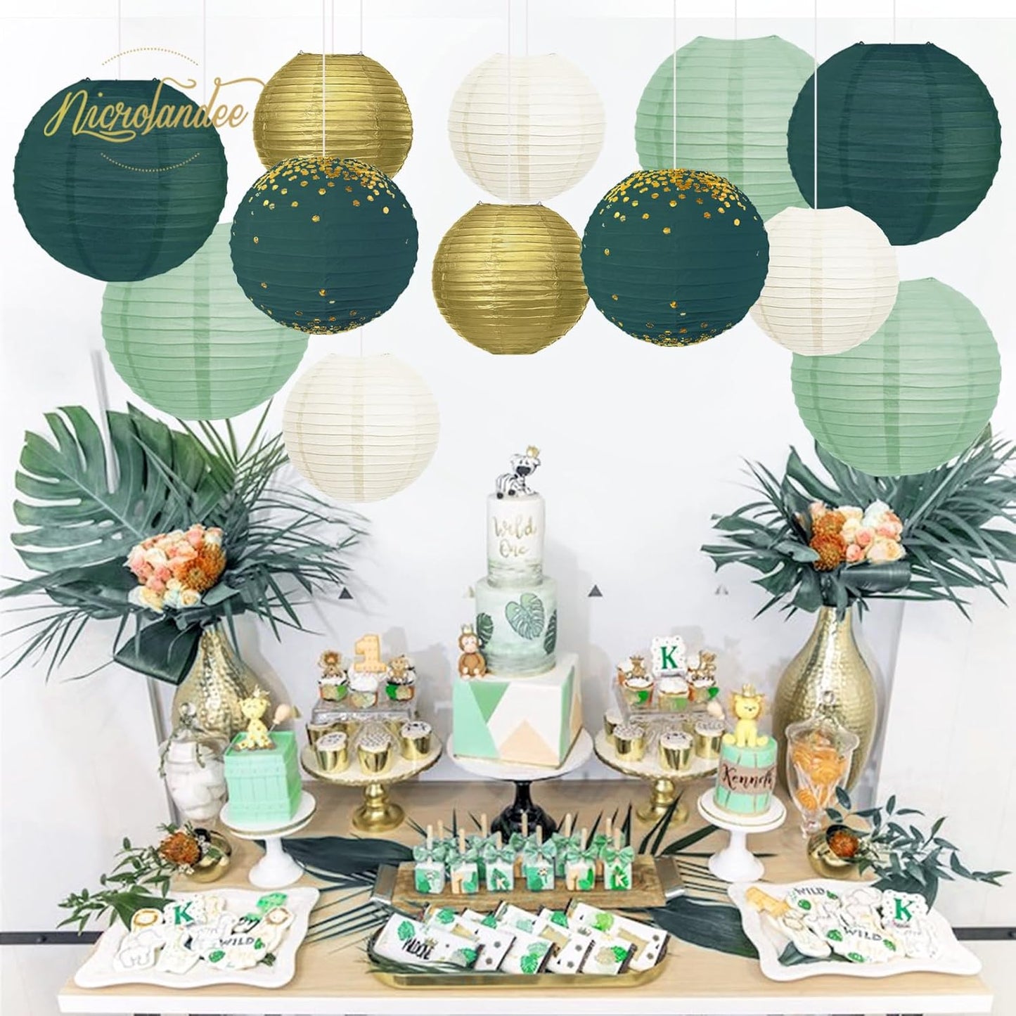 NICROLANDEE Green Wedding Party Decorations - 12PCS Green Gold Paper Lanterns for St Patrick's Day Bridal Shower Baby Shower Birthday Eucalyptus Neutral Garden Party Decor