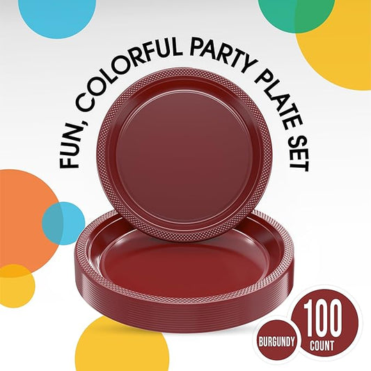 Party Solids Burgundy Plastic Plates For Party Supplies, Burgundy Disposable Plates 100 Pieces - 50-7" & 50-9" Heavy Duty 350 GSM Disposable Dinnerware Sets, Plastic Dinnerware Sets