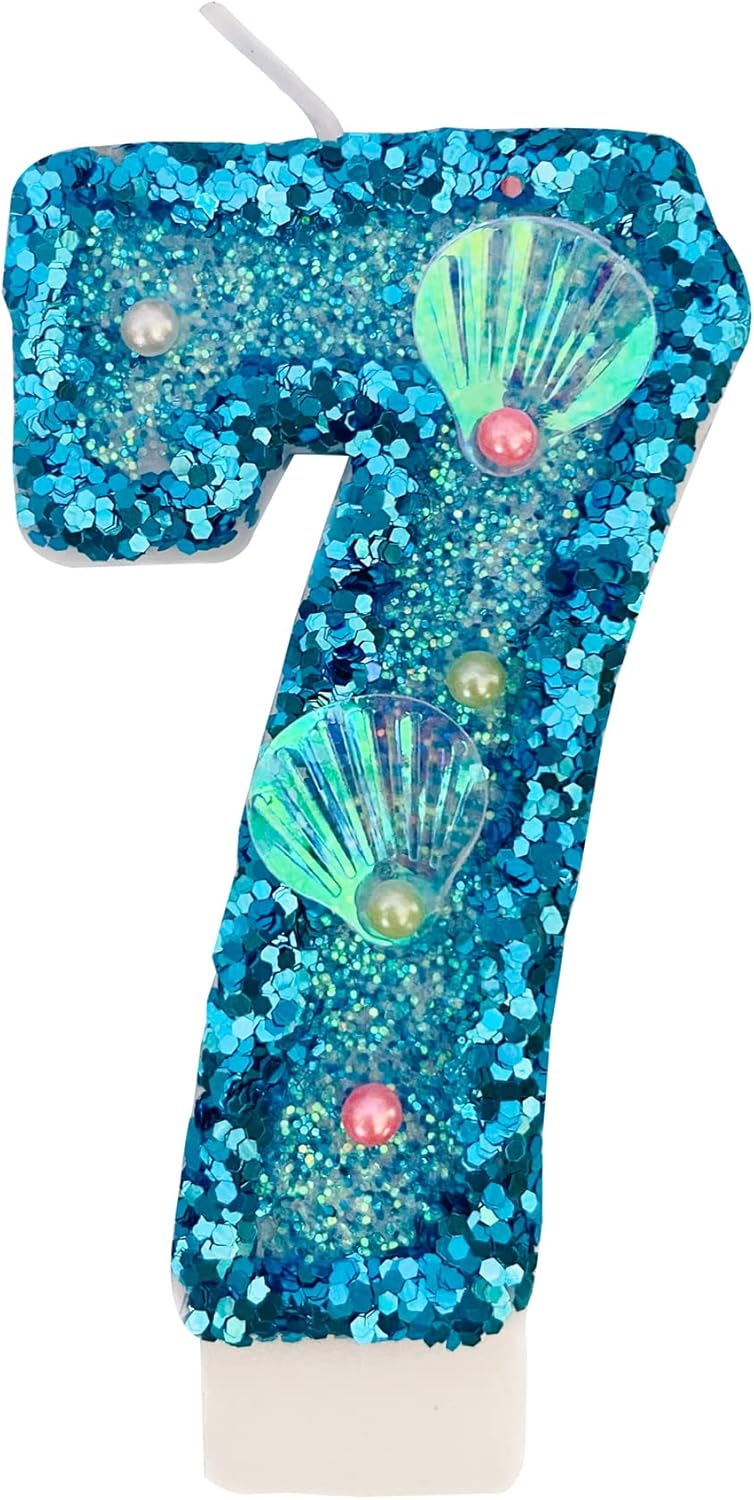 Blue Number Candle,Shell Sequins Number Candles for Birthday Cakes Mermaid Themed Party Supplies Number 7 Candle