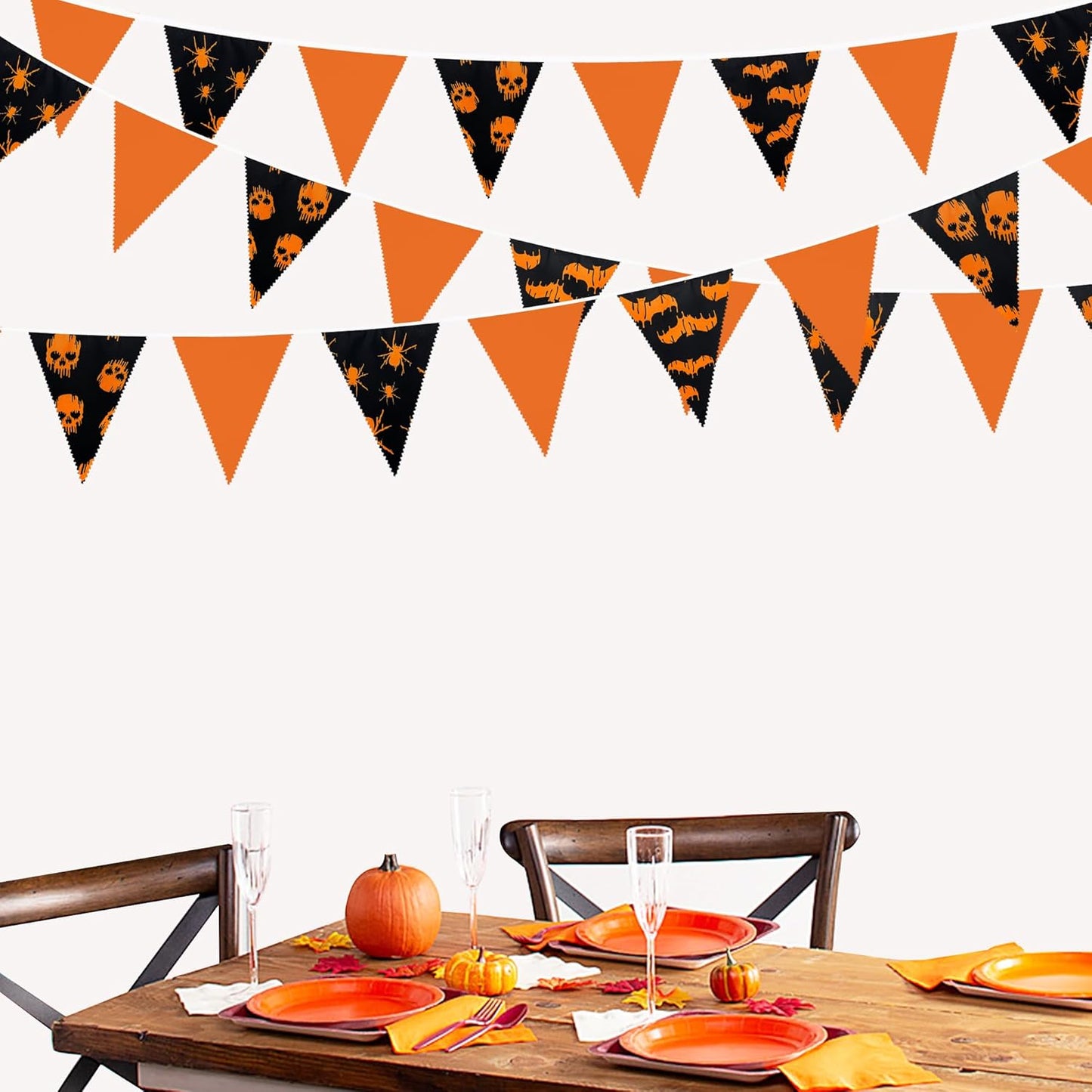 32Ft Orange Black Halloween Party Decorations Spider Skull Bats Fabric Pennant Banner Triangle Flag Bunting Garland Streamers for Halloween Trick or Treat Birthday Wedding Home Outdoor Party Supplies