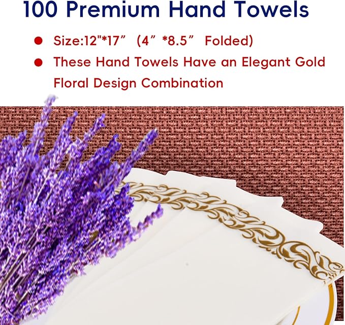JOLLY CHEF 100 Disposable Hand Towels, Soft and Absorbent Linen Feel Dinner Napkin, Elegant Decorative Paper Guest Towels for Kitchen, Bathroom,Weddings,Parties, Gold and White