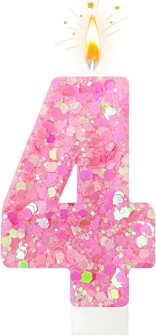 Zailo Birthday Number Candles, Glitter Number Candle Cake Decorations with Sequins, Cupcake Decorations for Girls, Women, Party Anniversary Celebrations (Number 4, Light Pink)