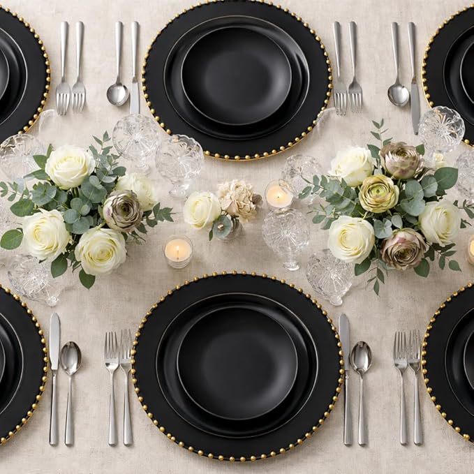 PLASTICPRO Black with Gold Rim Plastic Charger Plates with Beaded Edge – Pack of 8 – 13" Elegant Round Disposable Chargers for Weddings, Events, Parties, and Dinners