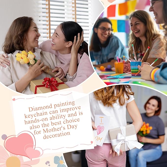 Huquary 24 Pcs Mother's Day Diamond Art Keychain Kits 5d DIY Diamond Art Mother's Day Crafts Pendant Ornaments for Mom Grandma Flower Basket Mom and Child Charms for Birthday Party Favors Decorations