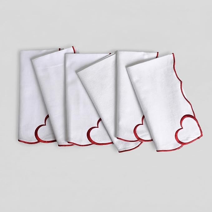FINGERCRAFT Cloth Napkins, Everyday Use Scallop Heart Embroidery Design, Premium Quality Natural Cotton Napkin Set of 6 Perfect for Parties Dinners Weddings Easter Napkin Cloth 20x20 inch White/Red