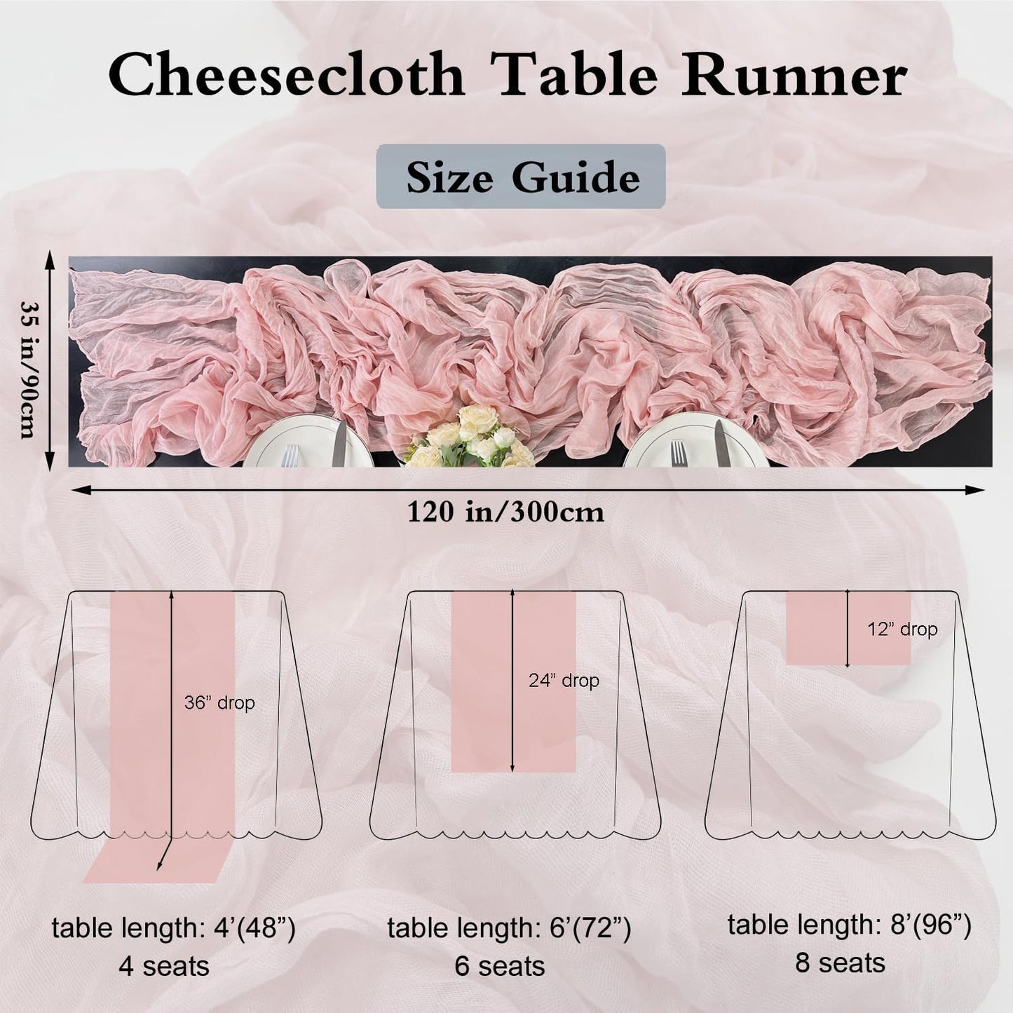 Booque Valley Dusty Pink Cheesecloth Table Runner 10ft Super Soft Boho Wrinkled Gauze Sheer Cloth for Baby Shower Baptism Birthday Party Wedding Centerpiece Table Decoration, 35x120 Inch