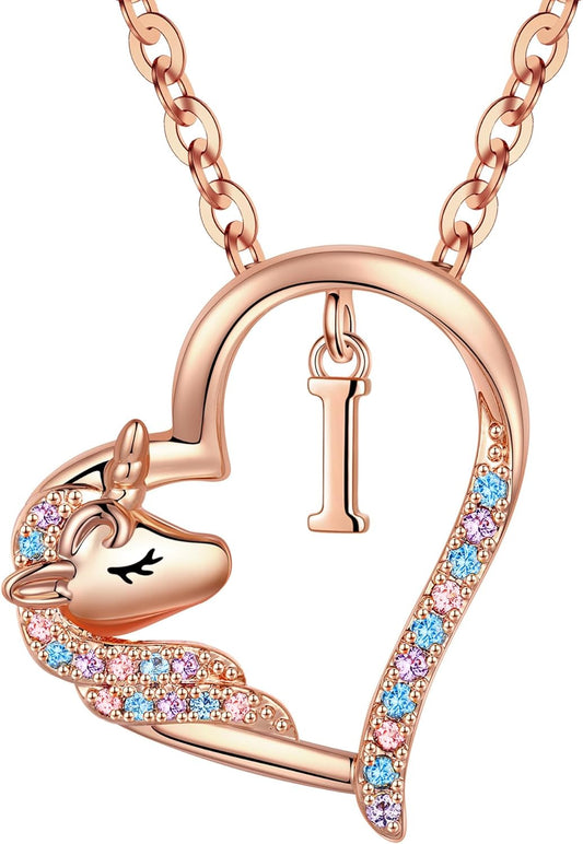 Anoup Unicorn Gifts for Girls Necklace - Colorful CZ Heart Pendant A-Z Initial Necklaces Cute Unicorns Jewelry Birthday Gift for Girl