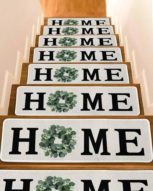 Carpet Stair Treads for Wooden Steps 15 Pack, Home Green Eucalyptus Leaves Garland Soft Peel and Stick Stair Treads, Retro Linen Non Slip Carpet Mat for Kids Elder Pet