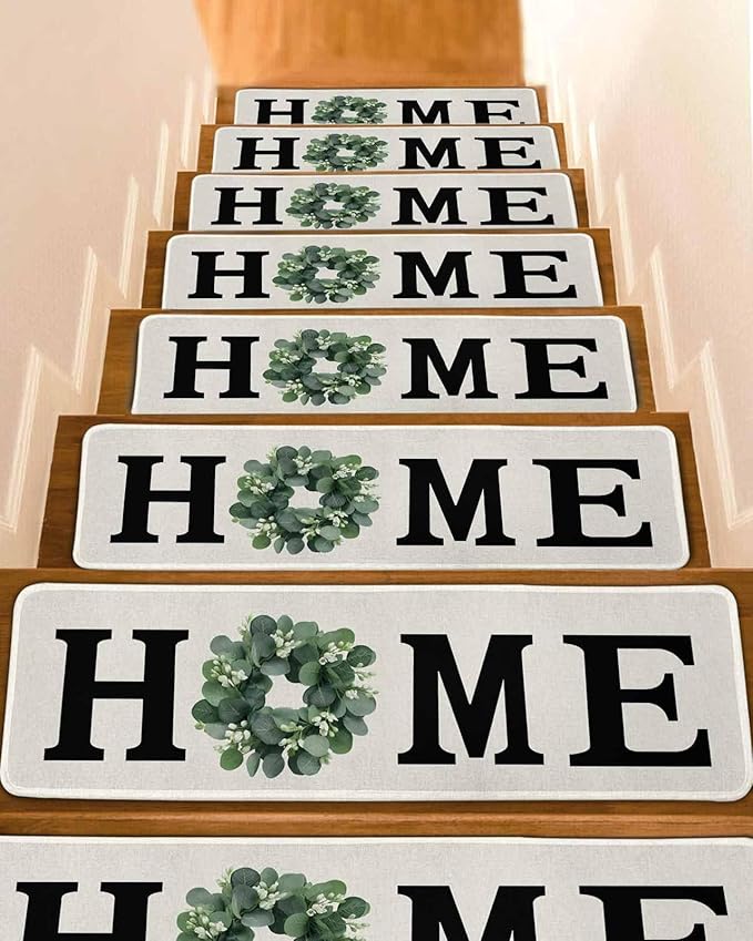 Carpet Stair Treads for Wooden Steps 10 Pack, Home Green Eucalyptus Leaves Garland Soft Peel and Stick Stair Treads, Retro Linen Non Slip Carpet Mat for Kids Elder Pet