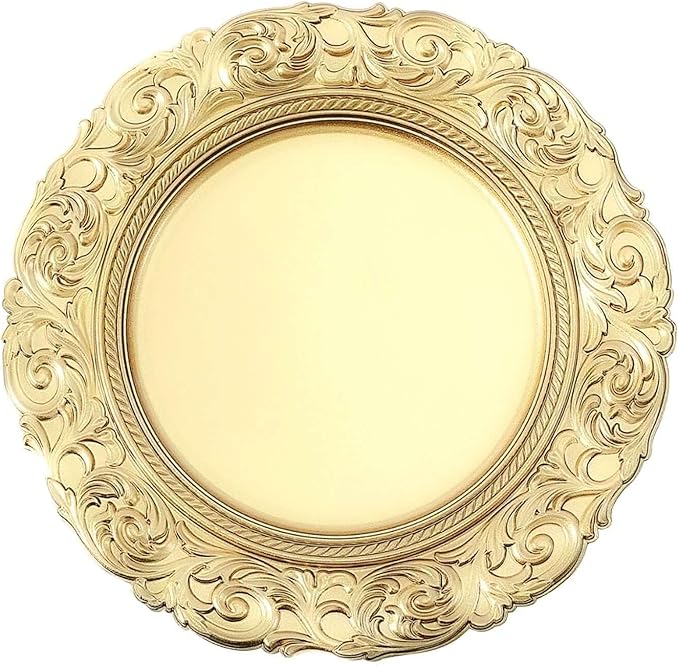 Efavormart Set of 6 GOLD 14" Round Plastic Charger Plates With Engraved Baroque Design Rim For Wedding Party Events