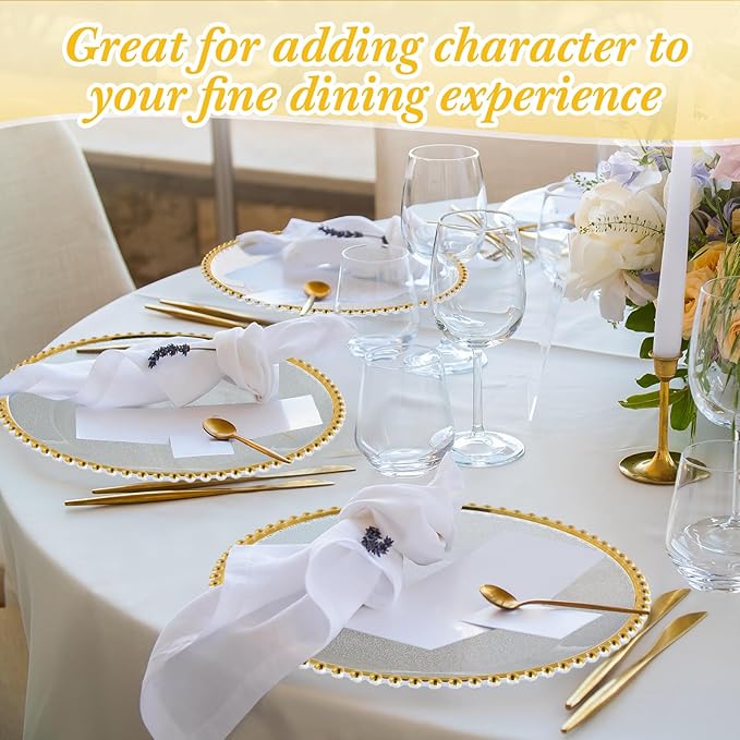 Hoolerry 50 Pack Clear Charger Plates Bulk 13 Inch Plastic Round Beaded Dinner Chargers Acrylic Frosted Grain Decorative Service Plates for Wedding Party Event, Home and Kitchen Tabletop (Gold)