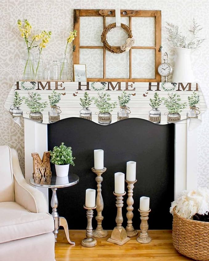 Eucalyptus Leaves Fireplace Mantel Scarf Table Runner, Farmhouse Botanical Plants Wooden Grain Winter Garland Mantel Top Tablerunners Dresser Scarves Decor for Windows Party Living Room 90''x17''