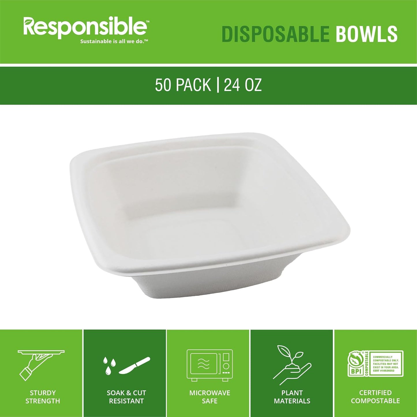 100% Compostable Square Serving Bowls, 24 oz Disposable Paper Bowls, Microwave Safe, Freezer Safe, Soup Safe, No Plastic, Eco-Friendly, Tree-Free, No PFAS. White (50 Count)