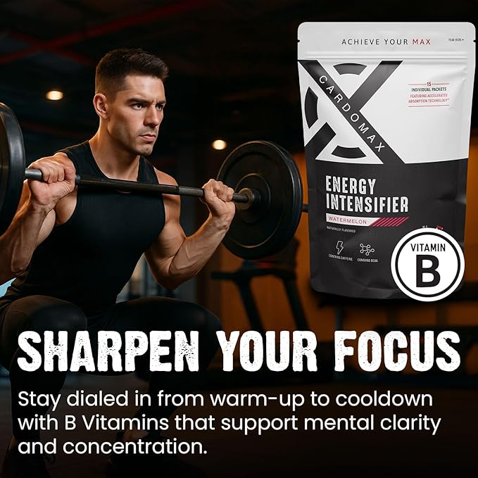 CardoMax - Energy Drink Packets - Liquid Preworkout for Men & Women Caffeine Packets with BCAA, Vitamin B12, Vitamin B6 & B3 - Sugar-Free, Zero Calorie, Vegan & Keto - 15 Stick Packs - Watermelon