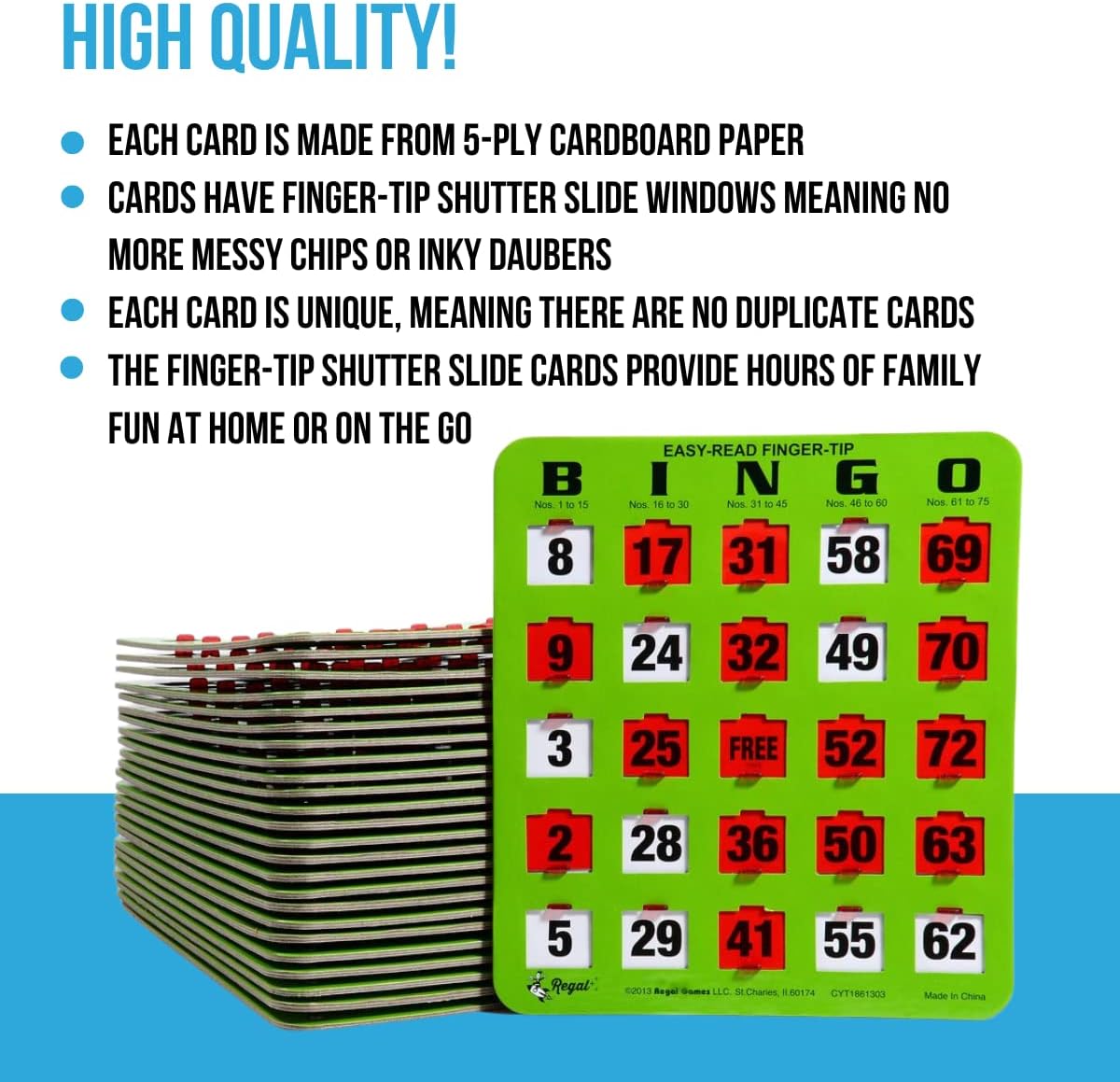 Regal Bingo - Shutter Slide Bingo Cards Only - 8” x 9” - 5-Ply Green Cardstock - Easy to Read - No Duplicates - Red Sliding Windows - Perfect for Large Groups, Bulk Purchasing