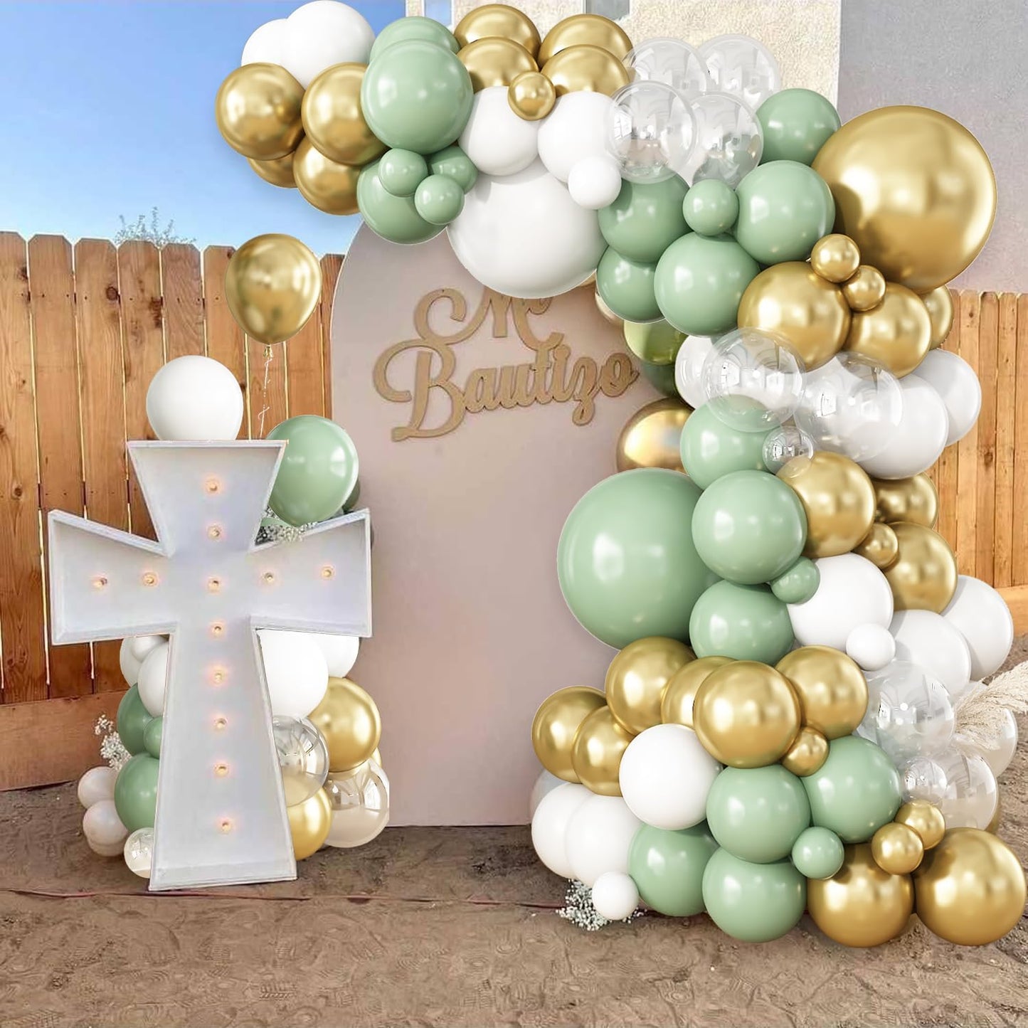 Sage Green White Gold Balloon Garland Arch Kit, 148Pcs Green and White Clear Balloons for Baby Shower Wedding Bridal Shower Birthday Party Decorations