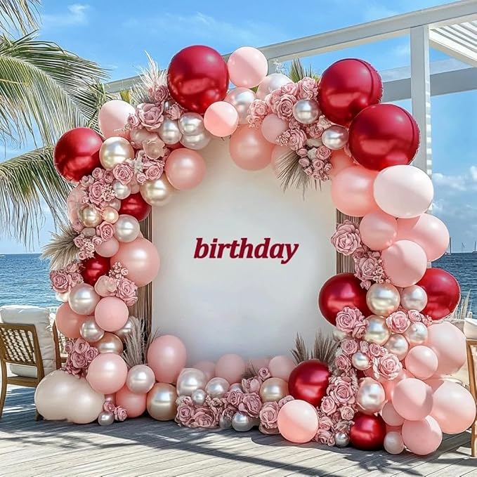 Red Pink White Balloons Double Stuffed Burgundy Pink Balloons Different Sizes Pearl White Burgundy Balloon Arch Kit for Bridal Wedding Birthday Baby Shower Mother's Day Party Decoration